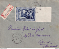 DDY 500 - Enveloppe Recommandée TP 638 (Bord De Feuille) Secours D' Hiver MORLANWELZ 1944 à MONS - COB 55 EUR S/lettre - Other & Unclassified