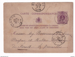 DDY 717 - Entier Postal Lion Couché ST LEGER 1878 Vers Brasserie De L' Abbaye De FOREST - Télégraphique FOREST STALLE - Telegraafzegels [TG]
