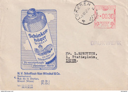 DDY 047 - Alcool Schinkenhager Urquell - Lettre Illustrée En IMPRIME Affranch. Mécanique LOKEREN 1957 (Belgique) - Vins & Alcools