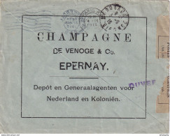 DDY 044 - CHAMPAGNE De Vénoge à EPERNAY - Lettre Publicitaire TP NL ROTTERDAM 1915 - Censure De Dieppe - Vins & Alcools