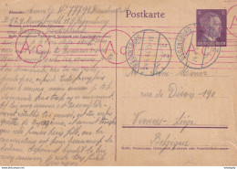 DDX 703 -- G. Minne , Travailleur Civil Belge - Entier Postal Hitler REGENSBURG 1944 Vers VERVIERS -  Censure Allemande - Guerra '40-'45 (Storia Postale)