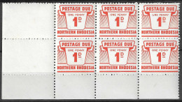 Northern Rhodesia 1963 1d Postage Due, SG D5, BOTTOM LEFT MARGINAL BLOCK OF 6 MNH** - Rodesia Del Norte (...-1963)