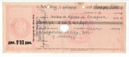 1929. KINGDOM OF SHS,SERBIA,LESKOVAC,CHEQUE,BILL OF EXCHANGE,9.80 DIN REVENUE IMPRINTED STAMP,USED - Chèques & Chèques De Voyage