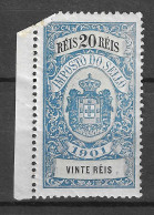 PORTUGAL 1901 Early Classic Revenue Fine UNUSED IMPOSTO DE SELO TAX 20 REIS  - Nuovi