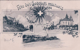 Grandson VD, Fête Des Secours Mutuels 1905, 3 Vues Et Armoiries (3.7.1905) - Grandson