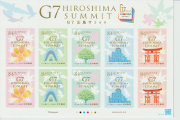 Japan Mi Minisheet G7 Summit Hiroshima 2023 - Shamoji - Peace Monument - Camphor Tree - Itsukushima Shrine Otorii ** - Hojas Bloque