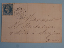 BT7  FRANCE BELLE LETTRE 1869  PARIS A  SERGINES  + NAPOLEON N° 29 + AFF. INTERESSANT++ - 1863-1870 Napoléon III Lauré