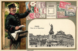 PC STAMPS, PARIS PLACE DE LA RÉPUBLIQUE, Vintage EMBOSSED Postcard (b47911) - Poste & Facteurs