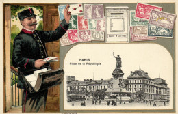PC STAMPS, PARIS PLACE DE LA RÉPUBLIQUE, Vintage EMBOSSED Postcard (b47917) - Poste & Facteurs