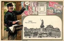 PC STAMPS, PARIS, PLACE DE LA RÉPUBLIQUE, Vintage EMBOSSED Postcard (b47920) - Poste & Facteurs