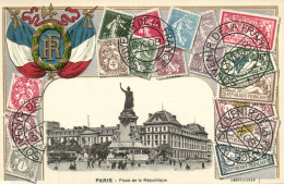 PC STAMPS, PARIS, PLACE DE LA RÉPUBLIQUE Vintage EMBOSSED Postcard (b47924) - Poste & Facteurs
