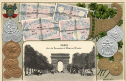 PC COINS, BANKNOTES, PARIS, ARC DE TRIOMPHE, Vintage EMBOSSED Postcard (b47955) - Münzen (Abb.)