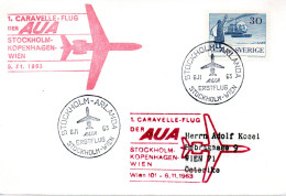 TRANSPORTS / AVIONS / 1er VOL EN CARAVELLE DE STOCKHOLM à WIEN Par COPENHAGUE 1963 - Airplanes