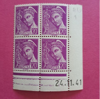 N°410 Mercure - République Française 20c - 24.11.41 Neuf ** (1) - 1940-1949