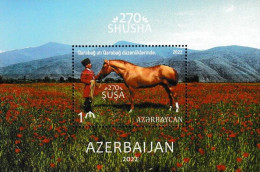 AZERBAIJAN, 2022, MNH, HORSES, MOUNTAINS, FLOWERS, COSTUMES, S/SHEET - Chevaux