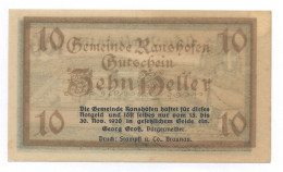 Notgeld Gutschein 10 Heller 1920 Gemeinde Ranshofen - Autriche