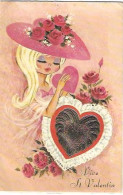 ILLUSTRATION FANTAISIE/JEUNE FILLE BLONDE/CHAPEAU/ROSES/COEUR EN RELIEF DORE/VIVE ST VALENTIN/CP DOUBLE - Valentine's Day
