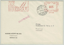 Schweiz / Helvetia 1952, Brief Freistempel / EMA / Meterstamp Hörtig Zürich - Belp, Wolle / Lain / Wool / Lana, Schaf - Textile
