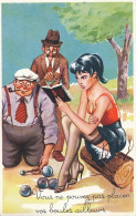 Sexy Pin Up In Stocking Showing Her Legs To Old Petanque Players - Pin-Ups