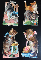 Bel Ensemble 4 Chromos Decoupis Chat Bocal Grenouille Pelote Laine Balle Jeu Chaton Cat Katze 6,5cm Hauteur - Animals