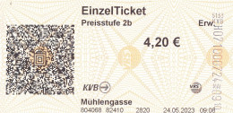 BRD Köln / Frechen EinzelTicket Preisstufe 2b 4,20 € Strassenbahn 2023 KVB Mühlengasse - Europe