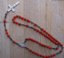 CHAPT-003 Chapelet D'enfant Grains Céramique Rouge,médaille Et Croix En Laiton Long=31cm - Art Religieux