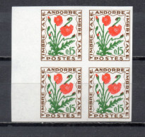 ANDORRE  TAXE  N° 48  NON DENTELE BLOC DE QUATRE TIMBRES     NEUF SANS CHARNIERE COTE 30.80€  FLEUR FLORE - Unused Stamps