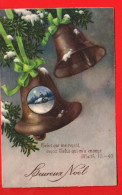 ABC-07  Heureux Noël.  Cloches Avec Incrustation Paysage Hivernal. Circulé 1935  - Autres & Non Classés