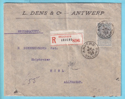 Fine Barbe TP 63 Perforé L.DENS & C° ANTWERPEN Obl ANVERS Valeurs En Recommandé  6 Mai 1902 Vers Kiel - 1863-09