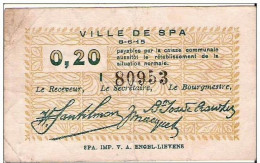 Petit Bon (nécessité)0.20 De La Ville De Spa Le 8 VI 1915 - Payable Rétablissement De La Situation Normale ! - Andere & Zonder Classificatie