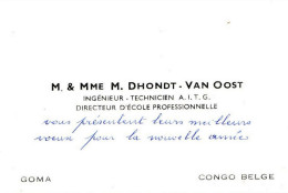 Carte De Visite Ancienne CONGO BELGE Goma M. & Mme D'HONDT - VAN OOST Ingénieur Technicien A.L.T.G. Directeur école Prof - Cartes De Visite