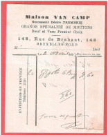Ancienne Petite Facture MAison VAN CAMP Mouton Boeuf Veau Boucherie 148  Rue De Brabant  BRUXELLES SCHAERBEEK 20 IV 1898 - 1800 – 1899