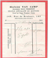 Ancienne Petite Facture MAison VAN CAMP Mouton Boeuf Veau Boucherie 148  Rue De Brabant  BRUXELLES SCHAERBEEK 13 XI 1898 - 1800 – 1899