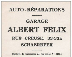 Ancienne Facture Oude Factuur SCHAERBEEK Rue Creuse 33 Auto Réparation Garage ALBERT FELIX  1931 - Automovilismo