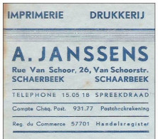 Ancienne Facture Oude Factuur  SCHAERBEEK Rue Van Schoor, 26 A.JANSSENS Imprimerie Drukkerij - Stamperia & Cartoleria