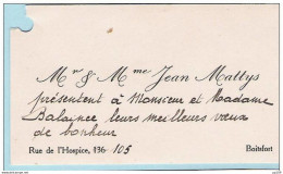 Ancienne Carte De Visite De Mr Et Mme Jean Mattys - Rue De L'hospice,105   à WATERMAEL -  BOITSFORT - Cartes De Visite