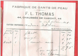 Ancienne  Petite Facture  SCHAERBEEK 44, Chaussée De Haecht Fabrique De Gants De Peau F.L.THOMAS En 1891 - Petits Métiers