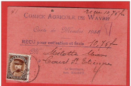 TP Képî Obl WAVRE 1933 Sur Reçu Pour Cotisation COMICE AGRICOLE De Wavre - 1931-1934 Mütze (Képi)