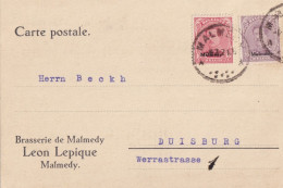 OC 66,68 Surchargé  Sur CP BRASSERIE LEON LEPIQUE  à Malmédy Obl MALMEDY 6 VII 1921 Vers Duisburg Rare - OC55/105 Eupen & Malmédy