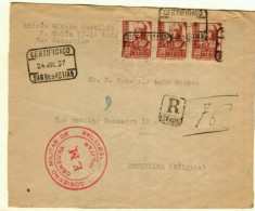 ESPAGNE ESPANA  L CERTIFICADO 24 VII 1937 SANS SEBASTIAN + CENSURA E.M. MILITAR +  ZARAGOZA 13 VII 37 Vers Bruxelles - Republikeinse Censuur