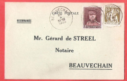 Cérès + Casquette Sur CP En Recommandé BEAUVECHAIN 24 X 1933 - Tarif Peu Courant - 1.75f +35 C (carte Texte à Découvert) - 1932 Cérès Et Mercure