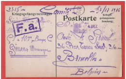 CP Kriegsgefangenensendung  Postkarte  Lager  GIESSEN Geprüft Vers Bruxelles  3 XII 1916 - Prisonniers