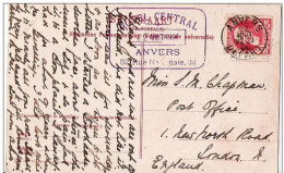 CP  S'Gravenhage Spuistsraat  Obl Anvers Vers London Avec Cachet "Hotel Central - Le 22 Août 1906 - 32, Rue Nationale" - Settore Alberghiero & Ristorazione