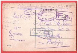 14-18 Kriegsgefangenen Karte Courrier Franchise Prisonnier Belge Censure Geprüft  COMITE DE SECOURS Camp De GIESSEN - Kriegsgefangenschaft