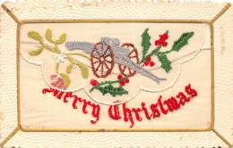 CPA FANTAISIE BRODEE REPRESENTANT UN CANON GUERRE 14-18 INTITULEE MERRY CHRISTMAS - Embroidered