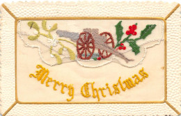 CPA FANTAISIE BRODEE REPRESENTANT UN CANON GUERRE 14-18 INTITULEE MERRY CHRISTMAS - Embroidered