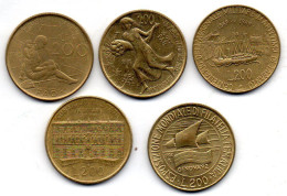 ITALIA, Set Of Five Coins 200 Lire, Aluminum-Bronze, Year 1980-92, KM # 107, 109, 130, 135, 151 - 200 Lire