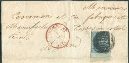 N°7 - Médaillon 20 Centimes Bleu PL.I. Avec Grand Bord De Feuille Inférieur Intégral, Obl. P.118 Sur Lettre De TIRLEMONT - 1851-1857 Medallions (6/8)