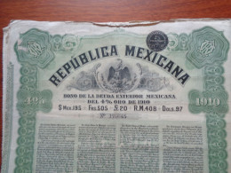 MEXIQUE - MEXICO 1910 - 3 TITRES - BONO DE LA DEUDA EXTERIOR MEXICANA - TITRE DE 505 FRS , 4% OR 1910 - Other & Unclassified