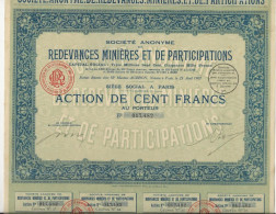 REDEVANCES MINIERES ET DE PARTICIPATIONS -  ACTION DE CENT FRANCS-ANNEE 1907 - Mineral